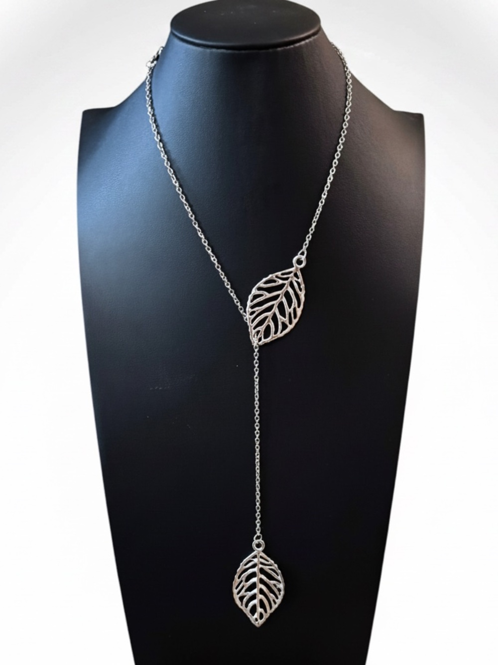 Womens Silver Tone Double Leaf Pendant Necklace